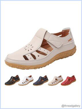 Women's Leather Closed Toe Casual Flat Sandals Adjustable Ankle Strap Cutout